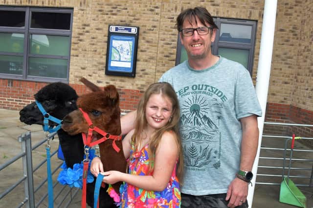 People posed for selfies and family pictures with friendly alpacas