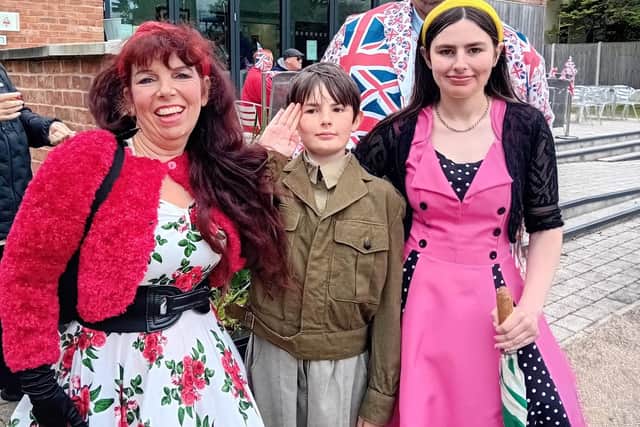 Dee Dee Lee and family in red white and blue for the VE 80 commemorations at Tower Gardens in Skegness.