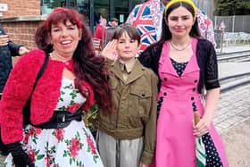Dee Dee Lee and family in red white and blue for the VE 80 commemorations at Tower Gardens in Skegness.