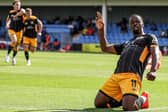Ken Aboh celebrates Boston United's second goal at Solihull. Photo by Chris Bray.