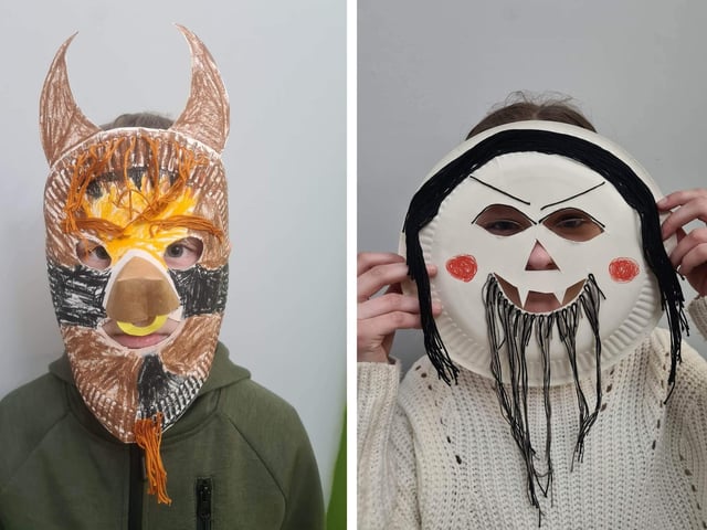 Two of the masks made by Lithuanian children in Boston for the upcoming festival.