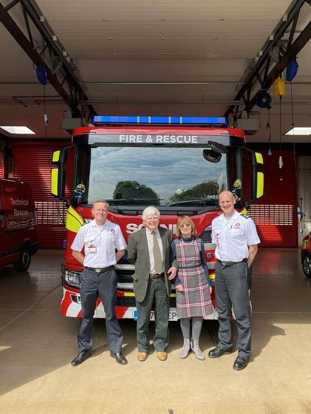 CFO Mark Baxter, John and Josephine Clark and  Kyle Campbell at Skegness Fire Station