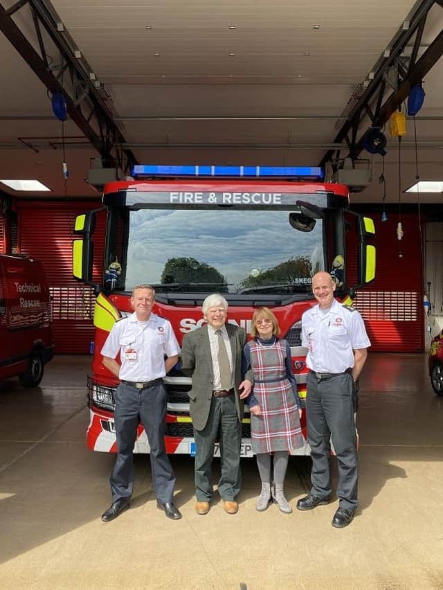 CFO Mark Baxter, John and Josephine Clark and Kyle Campbell at Skegness Fire Station
