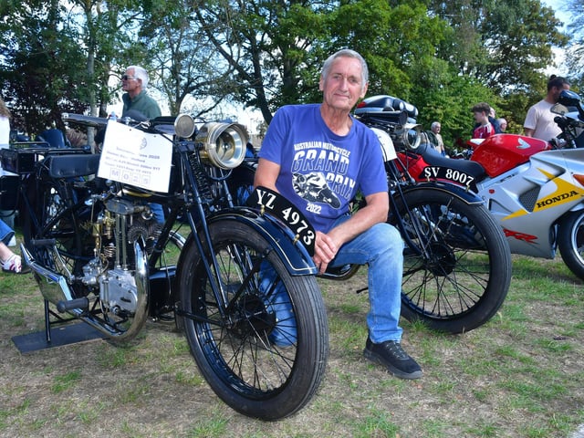 Dave Welford with his 1931 250 AJS and 1926 350 AJS motorcycles.