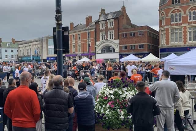 Crowds in Market Place during the 2024 Boston's Strongest event.