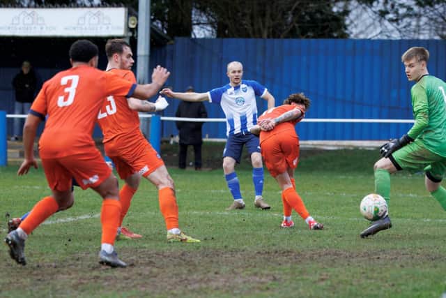Fraser Bayliss nets Boston Town's winner against Newark & Sherwood. Photo by Steven W Davies.