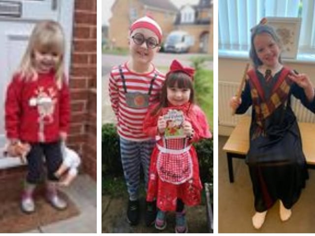 Evelyn, aged 3, from Sleaford, wearing her reindeer jumper from That's Not My Reindeer; Jake and Mia aged 8 and 5, from Sleaford as Where's Wally and Red Riding Hood; Teagan aged 8, from Sleaford.