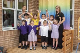 LaceyField acting executive principal Charlotte Briggs (left) with Early Years Lead Gemma Barrett and pupils Logan Brooks 10, Delilah Atkinson 9, Lola Emmerson 9, Charlie Willoughby 9, Gracie Cooper 5, Niall Kissane 4, Libby Hunter-Smith 5, and Jesse Prendergast 5, celebrate their Good Ofsted report. Photo: Holly Parkinson