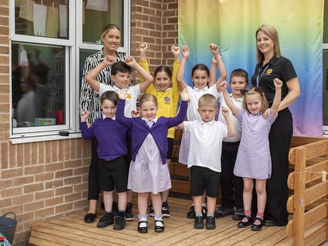 LaceyField acting executive principal Charlotte Briggs (left) with Early Years Lead Gemma Barrett and pupils Logan Brooks 10, Delilah Atkinson 9, Lola Emmerson 9, Charlie Willoughby 9, Gracie Cooper 5, Niall Kissane 4, Libby Hunter-Smith 5, and Jesse Prendergast 5, celebrate their Good Ofsted report. Photo: Holly Parkinson