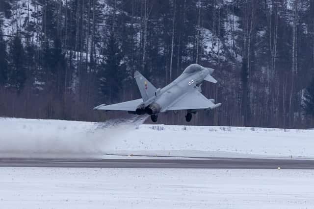 A Typhoon takes off from an icy runway in Finland during exercise 'Snow Rider'. (PHOTO BY: AS1 Joshua Whiting)