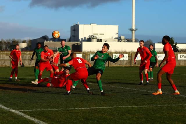 Goalmouth action from Sleaford's draw with Quorn on Saturday. Photo: Steve W Davies Photography.