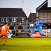 Dion Sembie-Ferris scores for Peterborough Sports against Boston United. Photo: James Richardson.