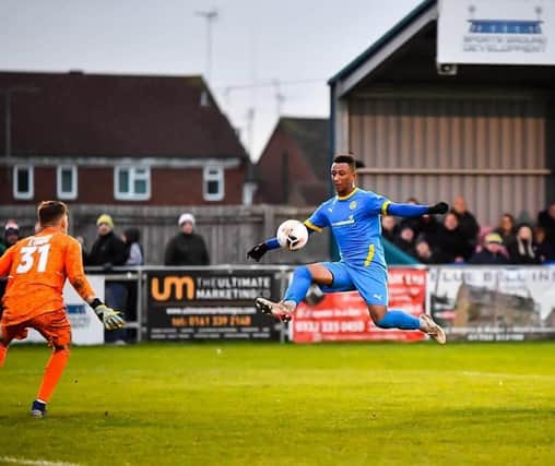 Dion Sembie-Ferris scores for Peterborough Sports against Boston United. Photo: James Richardson.