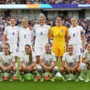 Millie Bright and her England team-mates pose for a photo prior to the UEFA Women's Euro 2022 group A match between England and Norway.