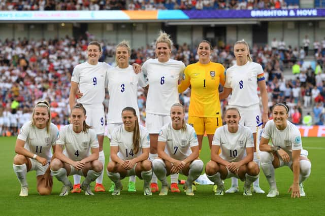 Millie Bright and her England team-mates pose for a photo prior to the UEFA Women's Euro 2022 group A match between England and Norway.