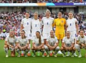 Millie Bright and her England team-mates pose for a photo prior to the UEFA Women's Euro 2022 group A match between England and Norway.