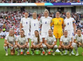 Millie Bright and her England team-mates pose for a photo prior to the UEFA Women's Euro 2022 group A match between England and Norway.