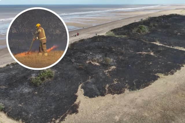 Main image: The aftermath of the fire (photo by Barry Robinson) Inset: Firefighters tackling the blaze on Friday (photo by John Byford.