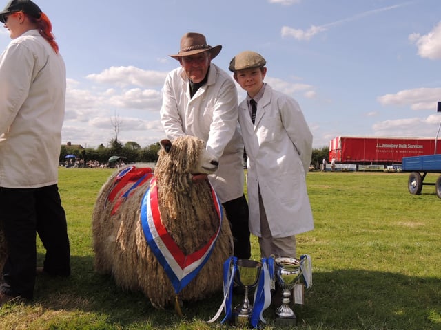 Peter Ellis from Selby with grandson Samuel Brook with their award winning Lincoln Longwool sheep.