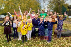 Headteacher Mr Lidbury and pupils from Kidgate Primary School in Louth celebrate Children in Need.