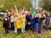 Headteacher Mr Lidbury and pupils from Kidgate Primary School in Louth celebrate Children in Need.