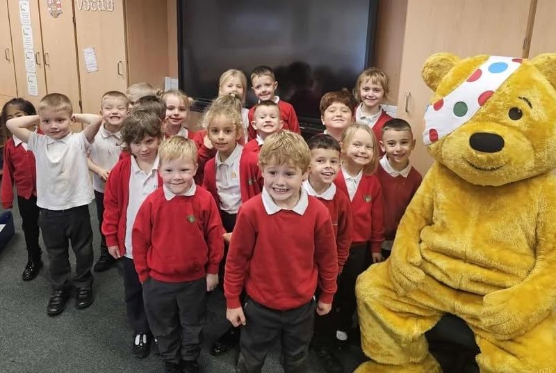 Pudsey with another group of pupils from Hawthorn Tree School.