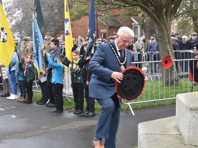 Mayor of Skegness Coun Tony Tye lays the wreath on behalf of Skegness Town Council.