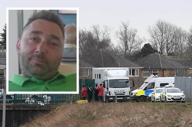 The victim Marcin Stolarek (inset) and a photo of police at the scene where his body was found.