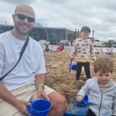 Tom Thacker at the beach at Lincolnshire Show with Rupert 3 and Rafferty 2
