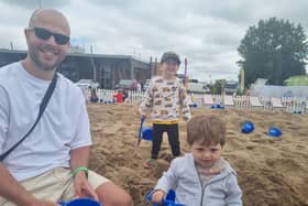 Tom Thacker at the beach at Lincolnshire Show with Rupert 3 and Rafferty 2