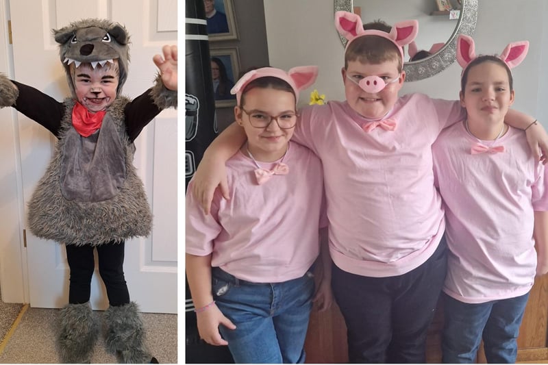 Theo Wright, three, as the Big Bad Wolf; and triplets Freddie, Jack and Bella, 11, as the Three Little Pigs.