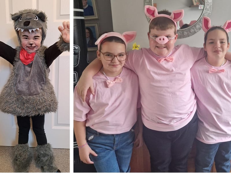 Theo Wright, three, as the Big Bad Wolf; and triplets Freddie, Jack and Bella, 11, as the Three Little Pigs.