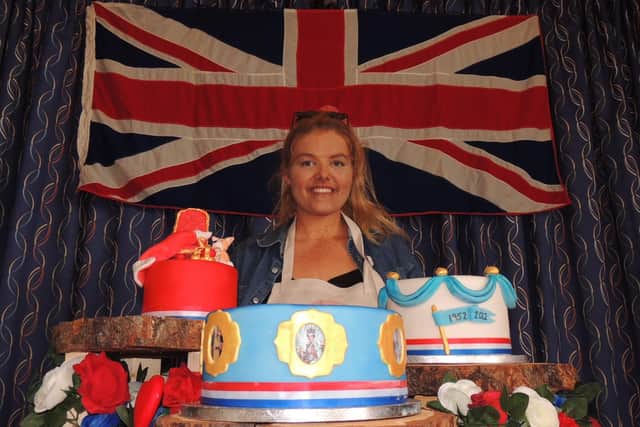 Courtney Luther, of Sisters That Cake, with the three jubilee cakes she made for the raffle at Billinghay's celebrations.