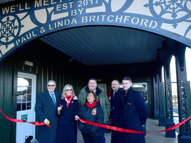 The ribbon cutting at We'll Meet Again, Freiston Shore, with Stephen and Kathy Dawes, Paul and Linda Britchford, Bradley Cooper and Darren Avison.