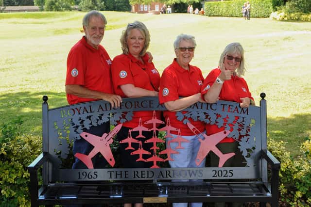 Alan Chandler with wife Patricia and daughters Samantha and Debbie behind the bench at Kenwick Park Golf Club that he has dedicated to the Red Arrows to mark the aerobatic team's 60th anniversary.