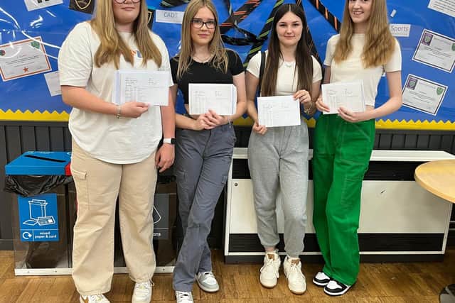 Banovallum students with their GCSE results, from left: Chloe Houlden, Niamh Fenn, Zoe Baldock, and Grace Renner.