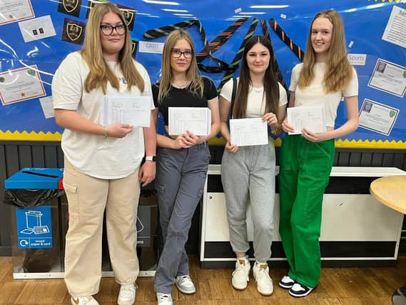 Banovallum students with their GCSE results, from left: Chloe Houlden, Niamh Fenn, Zoe Baldock, and Grace Renner.