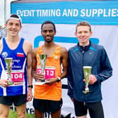 The first three finishers at the Gainsborough & Morton 10k on Sunday, with strider Jordan Skelly on the left. Photo credit Tape2Tape Events.