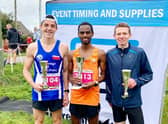 The first three finishers at the Gainsborough & Morton 10k on Sunday, with strider Jordan Skelly on the left. Photo credit Tape2Tape Events.