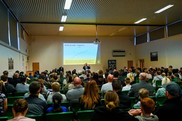 A packed hall listens to one of Principal Mr Hermiston’s presentations.