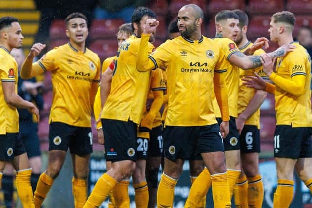 Boston United celebrate an equaliser.