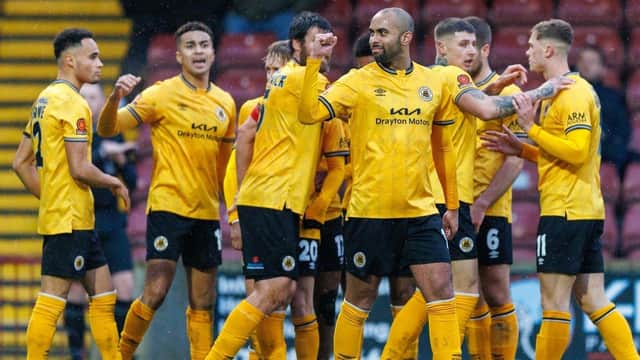 Boston United celebrate an equaliser.