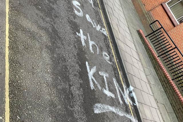 Graffiti stating "God save Louth, God save the King" near NTKO Gallery on Eastgate, Louth.