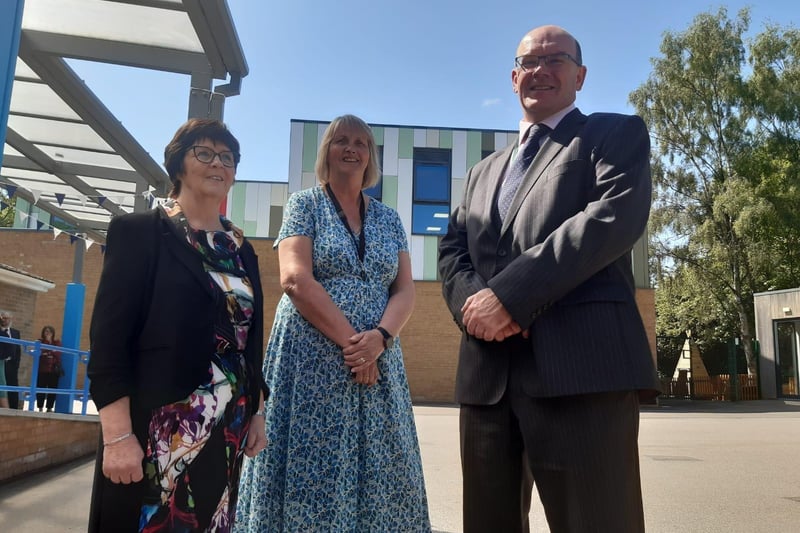 Patricia Bradwell, LCC executive member for Children's Services, Headteacher Michele Holiday, and Stuart Burns, Chief executive of DRET.