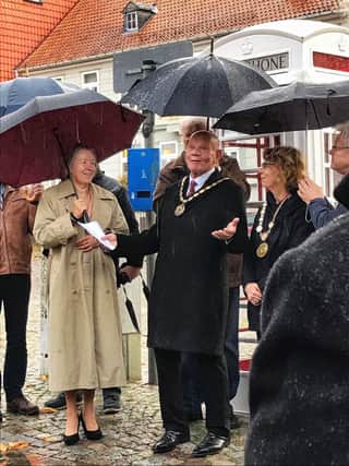 Always finding the humour - Coun Sid Dennis in 2018 when, as Mayor, he attended a ceremony in the town's twin town of Bad Gandersheim marking the centenary of the end of First World One