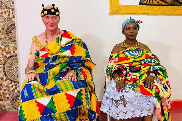 Brian Manson ‘enstooled’ as Nana Brian David Manson 1st, Development Chief for Bamiri, with his wife Abigail.