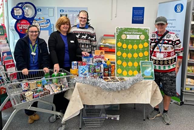 The fundraising day at Roman Bank Food Store in Skegness. Pictured are (from left) Kathleen Drury, Community Assistant, Karen Holland, Community Co-ordinator, Josh Forth, Manager at Roman Bank Food Store, and Clive Pearson, volunteer at Skegness Food Bank.