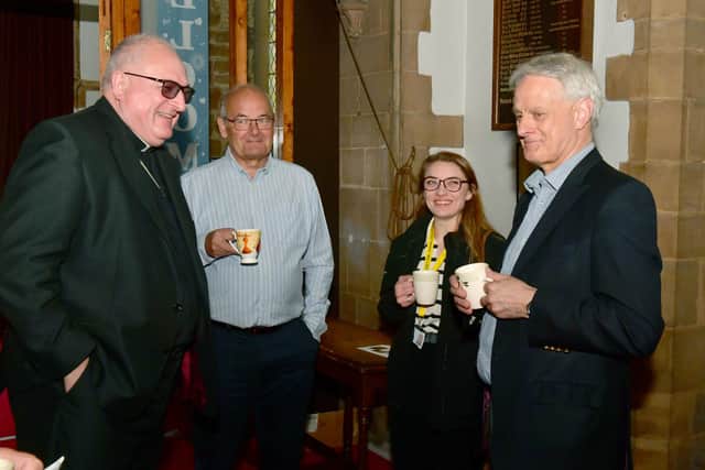 The Bishop meets (from left) Chris Baron, chair of the Connected Coast Board, Georgia Thompson, of the Environment Agency, and Robert Caudwell. Chair Lowland Agricultural Peat Task Force at DEFRA. Friskney.