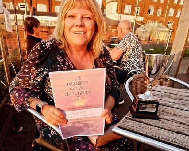 Cheryl Valley with her Best Actress trophy.