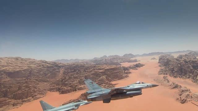 RAF Coningsby's Typhoons conducting low-level flying training with the Royal Jordanian Air Force F-16s. Photo: YouTube